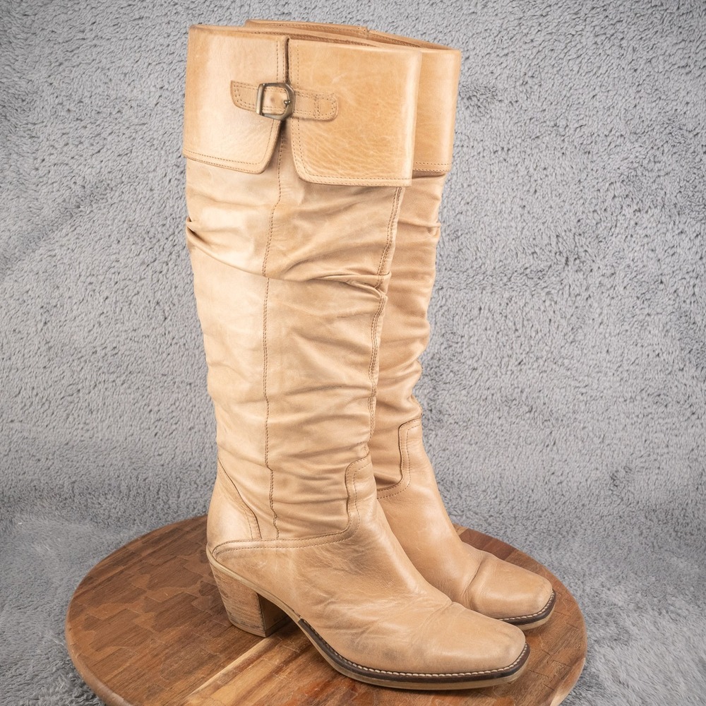 VIA‎ SPIGA Taupe Distressed Ruched Leather Calf High Boots Size 7.5 M